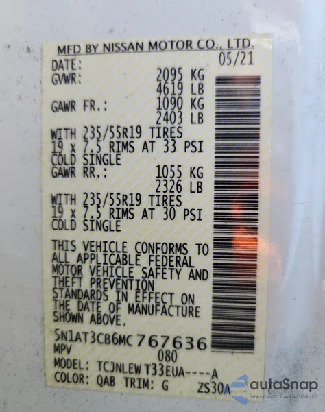 2021 Nissan Rogue Sl from USA, damaged, VIN 5N1AT3CB6MC767636